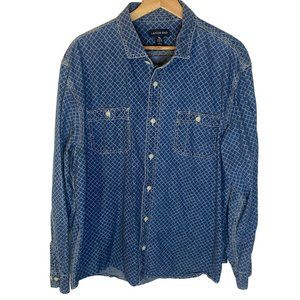 Lands End Traditional Fit Geometric Pattern Long Sleeve Denim Shirt Men XL Blue